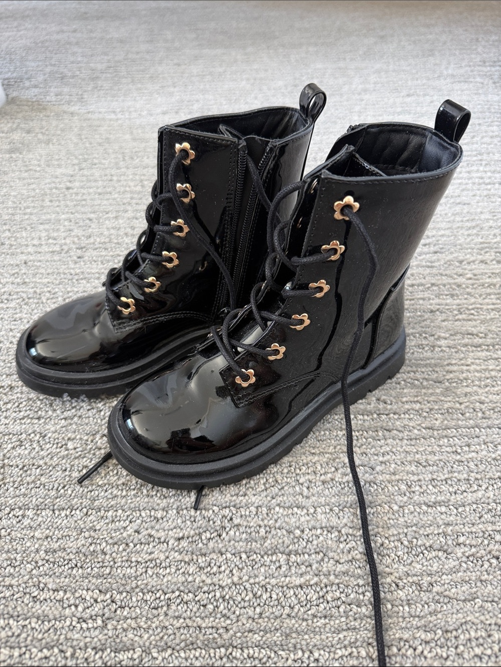 Girl’s Black Patent Combat Boots with Gold Eyelet Accents